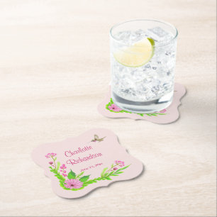 Pink and Green Nostalgic Floral Paper Coaster