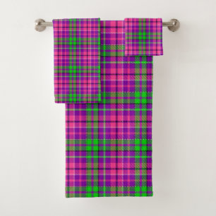Pink and Green On Purple Plaid Tartan Pattern Bath Towel Set