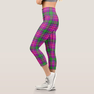 Pink and Green On Purple Plaid Tartan Pattern Capri Leggings