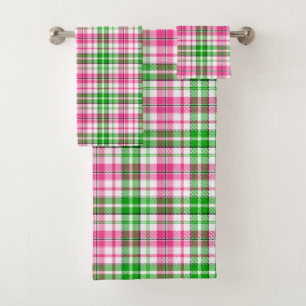 Pink and Green On White Plaid Tartan Pattern Bath Towel Set