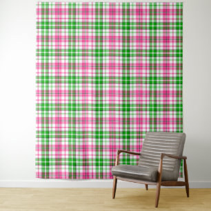 Pink and Green On White Plaid Tartan Pattern Tapestry
