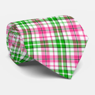 Pink and Green On White Plaid Tartan Pattern Tie