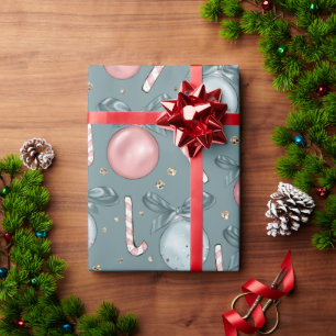 Pink and Green Ornaments Candy Canes Christmas Wrapping Paper