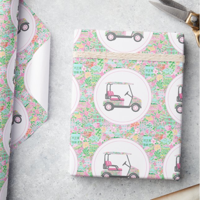 Pink and Green Palm Beach Golf Cart Wrapping Paper (Creator Uploaded)
