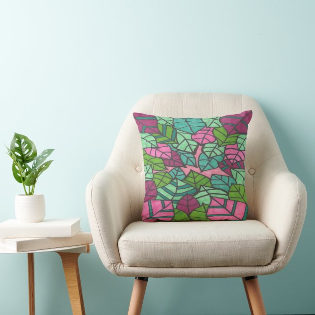 Pink and Green Palm Leaves Cushion (Chair)