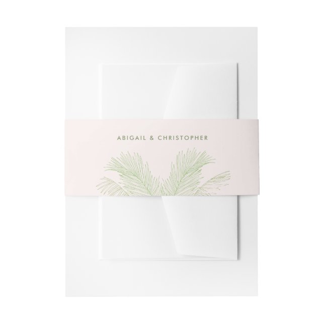 Pink and Green Palm Leaves Tropical Beach Wedding Invitation Belly Band (Front Example)