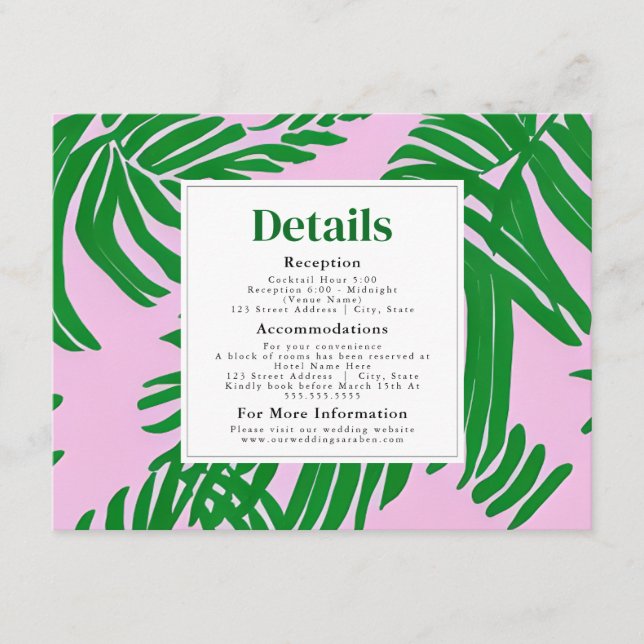 Pink and Green Palm Tree Modern Beach Wedding Enclosure Card (Front)