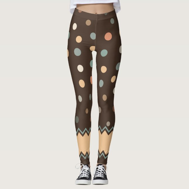 Pink and Green Pastel Polka Dots on Brown Leggings (Front)
