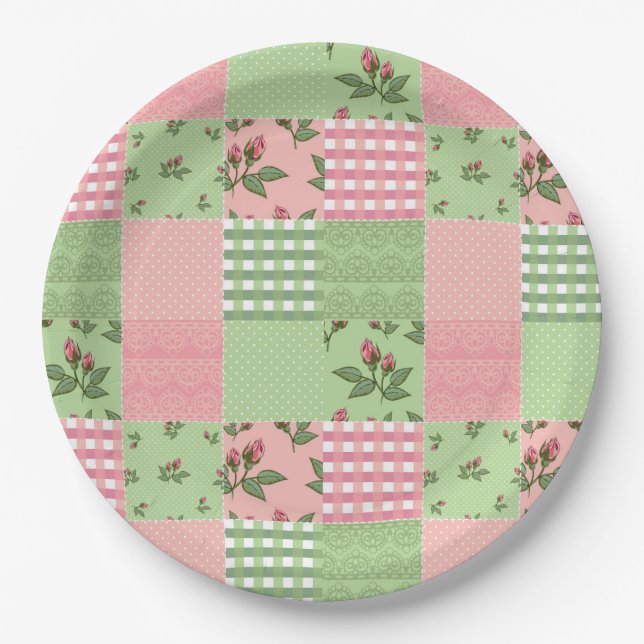 Pink and Green Patchwork Quilt Pattern Paper Plate (Front)