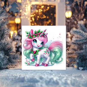 Pink and Green Peppermint Unicorn Holiday Card