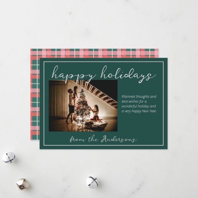 Pink and Green Plaid Holiday Photo Card (Front/Back In Situ)