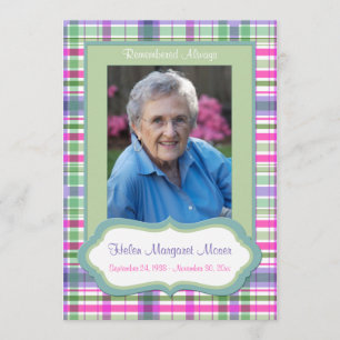 Pink and Green Plaid Memorial Card with Photo