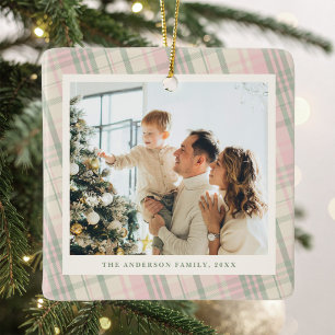 Pink and Green Plaid Photo Ceramic Ornament