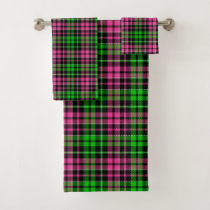 Pink and Green Plaid Tartan Black Bath Towel Set
