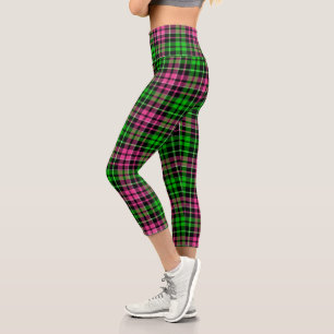 Pink and Green Plaid Tartan Black Capri Leggings
