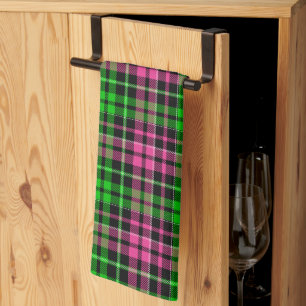 Pink and Green Plaid Tartan Black Tea Towel