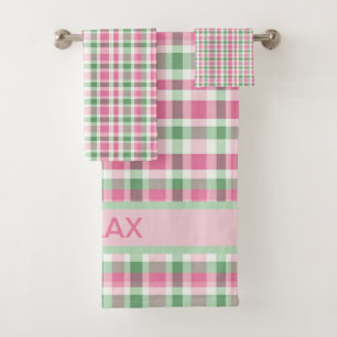 Pink And Green Plaid Tartan Checkered Patterned Bath Towel Set