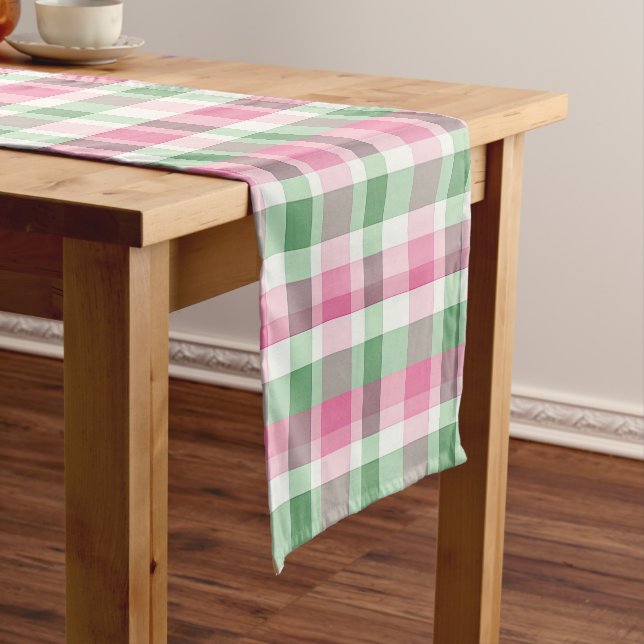 Pink And Green Plaid Tartan Checkered Patterned Short Table Runner (In Situ)