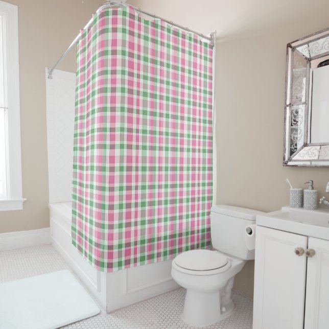 Pink And Green Plaid Tartan Checkered Patterned Shower Curtain (In Situ)