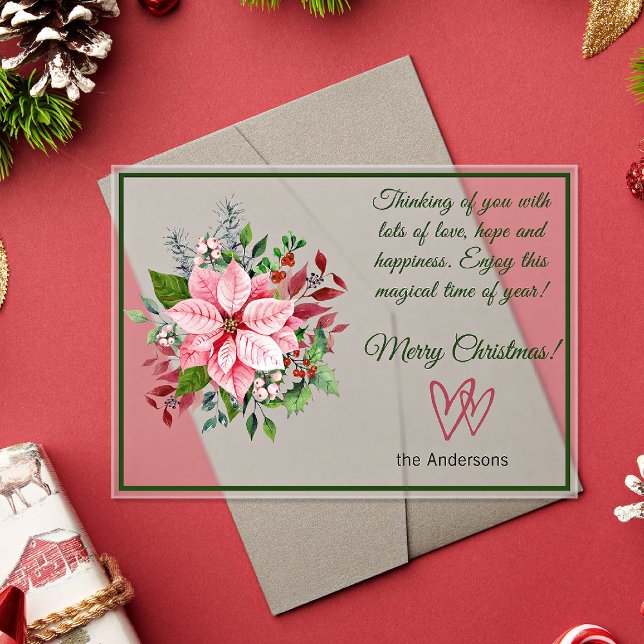 Pink and Green Poinsettia Frosted Christmas Card Acrylic Invitations (Creator Uploaded)