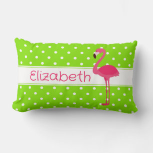 Pink and Green Polka Dot Flamingo Personalised Lumbar Cushion