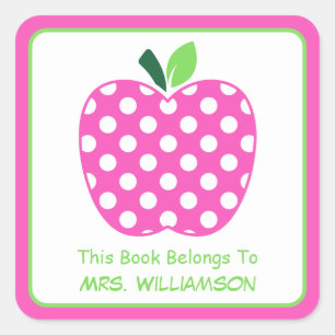 Pink and Green Polka Dot Teacher's Apple Bookplate Square Sticker