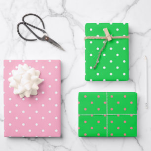 Pink and Green Polka Dots Trio Wrapping Paper Sheet