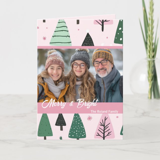 Pink and Green Preppy Christmas Tree Holiday Photo Card (Front)