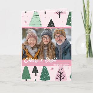 Pink and Green Preppy Christmas Tree Holiday Photo Card