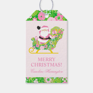 Pink and Green Preppy Palm Beach Santa Claus Gift Tags