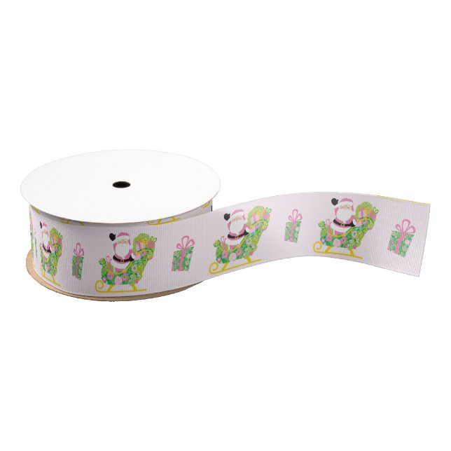 Pink and Green Preppy Palm Beach Santa Claus Grosgrain Ribbon (Spool)