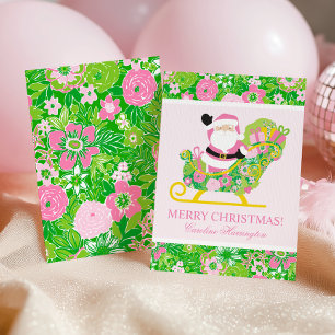 Pink and Green Preppy Palm Beach Santa Holiday Card
