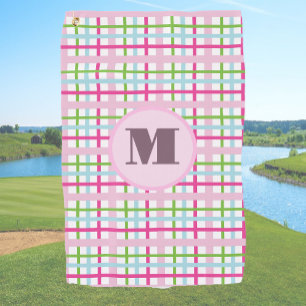 Pink and green preppy plaid custom monogram ladies golf towel