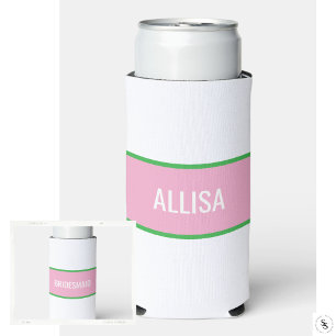 Pink and Green Preppy Stripe Bridesmaid Seltzer Can Cooler