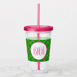 Pink and Green Quatrefoil and Monogram Acrylic Tumbler