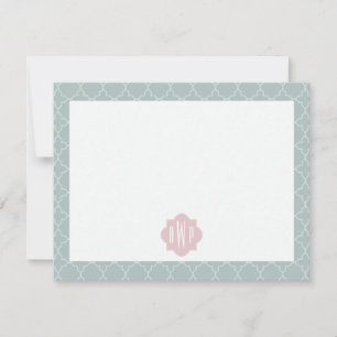 Pink and Green Quatrefoil Monogram Note Card