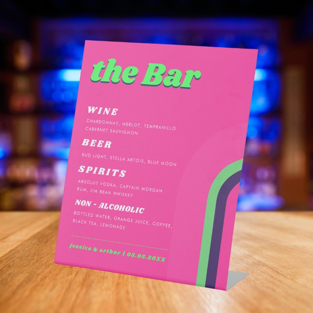 Pink and Green Retro Wedding Bar Drink Menu Pedestal Sign (Creator Uploaded)