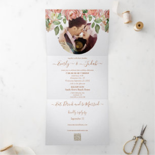 Pink and Green Rose Boho Floral Wedding Tri-Fold Invitation