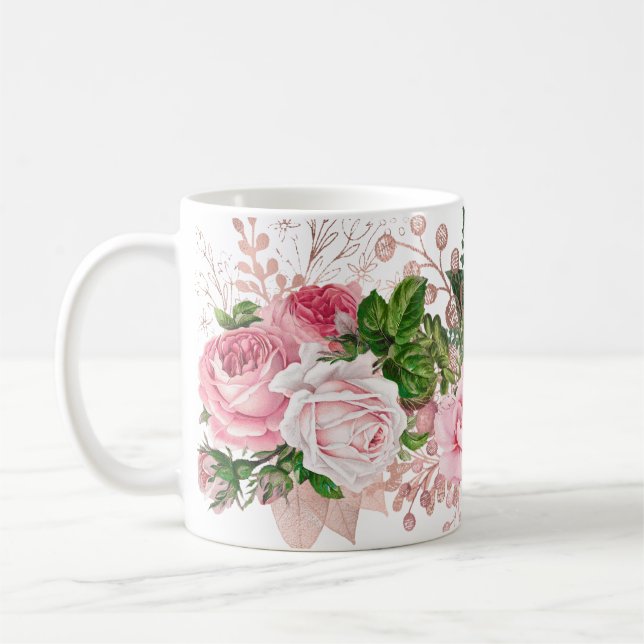 Pink and Green Rose Bouquet Coffee Mug (Left)