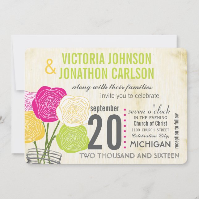 Pink and Green Rose Your Photo Typography Invitation (Front)