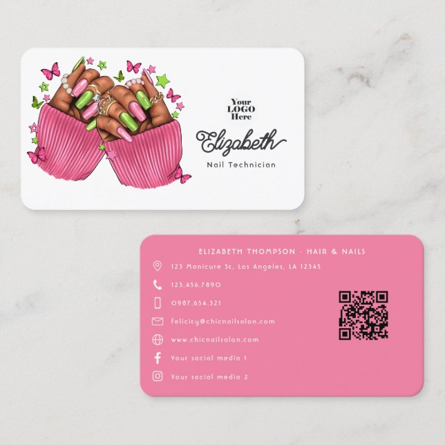 Pink and Green Sisterhood Nail Salon Branding Business Card (Front/Back)