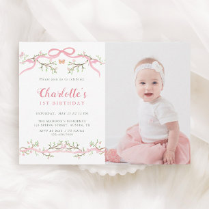 Pink and Green Spring Garden 1st Birthday Photo    Invitation