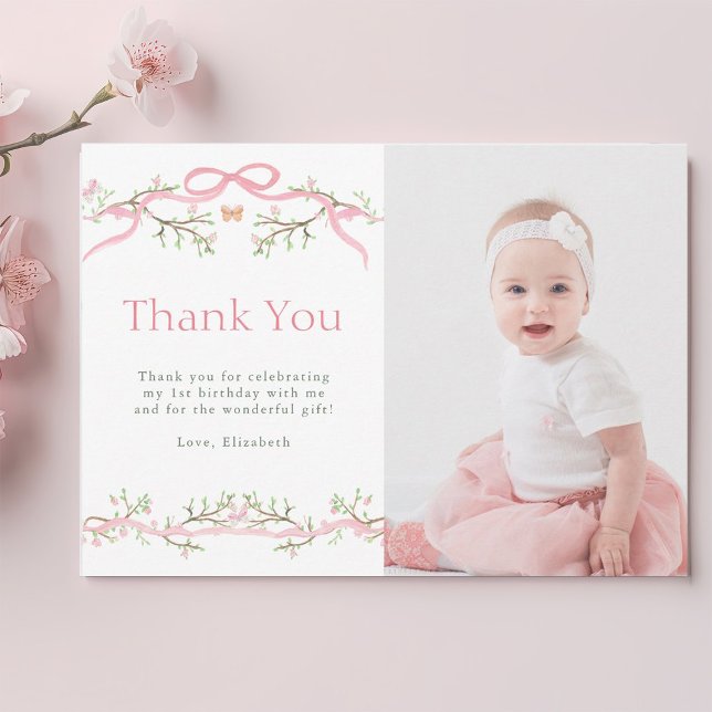 Pink and Green Spring Garden 1st Birthday Photo Thank You Card (Creator Uploaded)