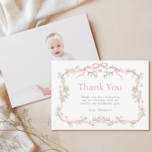 Pink and Green Spring Garden 1st Birthday Photo Thank You Card (Front & Back)