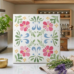 Pink and Green Spring Meadow Floral Decorative Tile