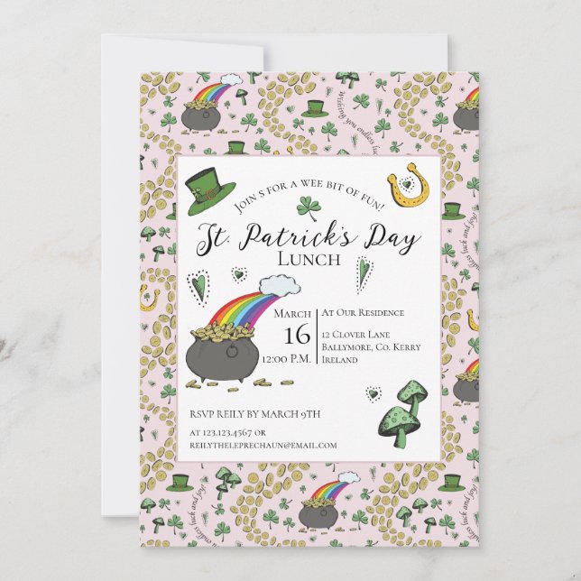 Pink and Green St Patricks Day Pot of Gold Lunch Invitation (Front)