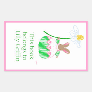 Pink and green stripe daisy bunny bookplate rectangular sticker