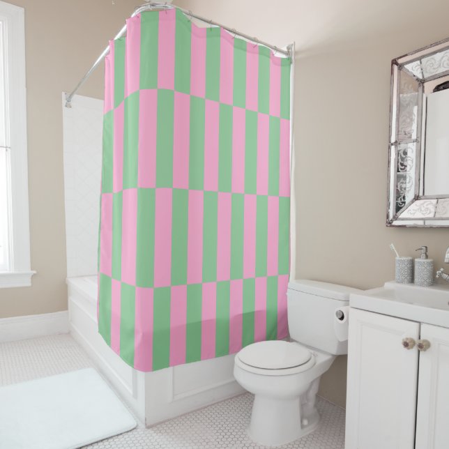 Pink and Green Striped Geometric Pattern Shower Curtain (In Situ)