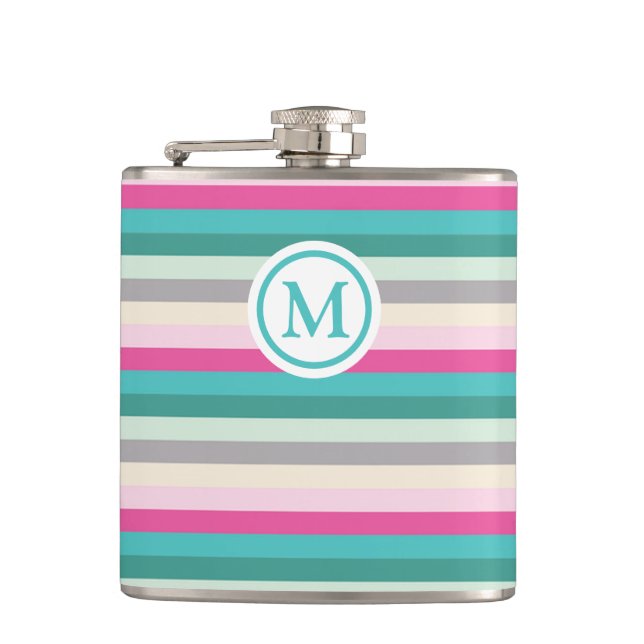 Pink and Green Striped Monogrammed Hip Flask (Front)