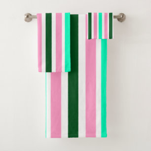 Pink and Green Stripes  Bath Towel Set
